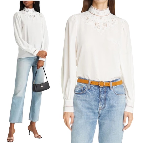 Frame Denim Tops - Frame Ada Silk Blouse Lace Cutout Embroidered Top Off White XXS NWT
